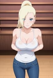 1girls ai_generated arms_on_breasts big_breasts blonde_hair blue_eyes civitai female female_only grabbing_own_breast hair_over_one_eye human ino_yamanaka jeans large_breasts long_hair naruto naruto_(series) naruto_shippuden ponytail solo tank_top tanktop