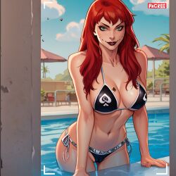 ai_generated ai_hands big_breasts bikini blacked_clothing fit_female green_eyes marvel marvel_comics mary_jane_watson qos queen_of_spades red_hair spider-man spider-man_(series) themerchant69