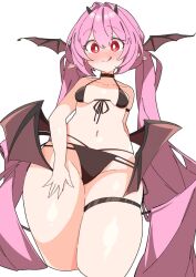 bikini black_bikini breasts demon_horns demon_wings hatsune_miku head_wings hip_wings horns pink_hair pointy_ears red_eyes small_breasts succubus thick_thighs thighs tongue uruti_2388 vocaloid wings