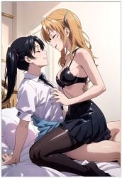 2females 2girls ai_generated bed bed_sheet black_bra black_necktie black_skirt bra girl_on_girl high_school_dxd lesbian_couple lesbian_domination lesbian_sex love lovers necktie pantyhose sapphic serafall_leviathan shidou_irina skirt yuri