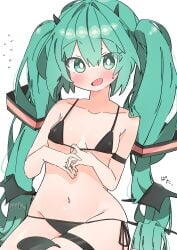 belly belly_button bikini black_bikini hatsune_miku navel skindentation small_breasts sweatdrop thick_thighs thigh_strap thighs uruti_2388 vocaloid