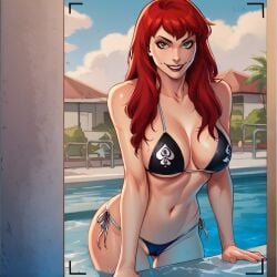 big_breasts bikini fit_female green_eyes marvel marvel_comics mary_jane_watson qos queen_of_spades red_hair spider-man spider-man_(series)