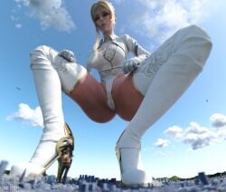 2girls 3d 3d_(artwork) bending_down blonde_female blonde_hair blonde_hair_female city clothed clothed_female female female_focus female_only giantess giga_giantess height_difference jgrfgts larger_female light-skinned_female light_skin looking_down looking_up meiirii nier nier:_automata nier_(series) size_difference smaller_female white_hair yorha_2b yorha_commander