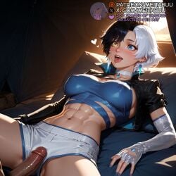 1boy abs ai_generated black_hair black_jacket blue_eyes blue_nails blush breasts choker clothed_female_nude_male covered_nipples crop_top cropped_jacket earrings elbow_gloves erection female fingerless_gloves gloves heart heterochromia imminent_penetration jacket jewelry large_breasts large_penis luna_snow luna_snow_(marvel_rivals) lying male_pubic_hair marvel marvel_comics marvel_rivals meitabuu midriff multicolored_hair nail_polish navel on_back open_mouth penis pubic_hair short_hair short_shorts shorts smile solo_focus split-color_hair spread_legs straight tongue tongue_out two-tone_hair uncensored white_choker white_gloves white_hair white_shorts yellow_eyes
