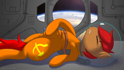 1boy astronaut brown_fur closed_eyes color communism cum earth earth_pony equine erection feral friendship_is_magic fur furry furry_only hair hammer_and_sickle horse horsecock latex leaking logo lying_down male male_only masturbation my_little_pony penis planet pony precum red_hair shadow skin_tight skipsy solo space space_suit star symbol tail teeth text watermark window