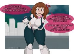 angry big_breasts blush brown_eyes brown_hair city curvy female hero_outfit_(mha) holding_breast looking_at_viewer my_hero_academia night night_sky outdoors pov skintight_bodysuit snakebd thick_thighs uraraka_ochako uravity wide_hips