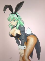 1girls alternate_costume aqua_eyes breasts bunny_ears bunny_girl bunnysuit byleth_(fire_emblem) byleth_(fire_emblem)_(female) cleavage female female_only fire_emblem fire_emblem:_three_houses fishnet_legwear fishnets green_eyes green_hair large_breasts leotard looking_at_viewer medium_hair momonektar nintendo pantyhose smile solo wrist_cuffs