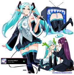 2girls aqua_hair blush cosplay elf elf_ears elf_female female female_only fern_(sousou_no_frieren) frieren green_eyes hatsune_miku_(cosplay) long_hair looking_at_viewer multiple_girls purple_hair smiling smiling_at_viewer smug snegovski tagme twintails vocaloid