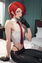 1boy ai_generated androgynous crossdressing femboy femboy_focus genderswap_(ftm) gloves king_of_fighters leggings navel red_hair rule_63 short_hair shota sitting sleeveless_shirt smile snk trap vanessa_(kof) yaoi