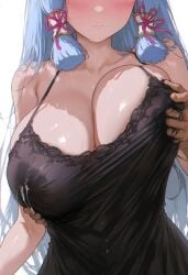 1girls ai_generated blush breasts clothing cyan_hair female focus genshin_impact grabbing_breasts houk1sei huge_breasts kamisato_ayaka lactation lifting lingerie long_hair mihoyo nervous solo sweatdrop thick twintails voluptuous white_background