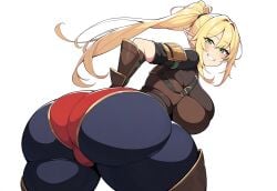 1girls ai_generated ass ass ass_cleavage big_ass big_butt blonde_hair clothed clothed_female clothing elf elf_ears elf_female fat_ass fat_butt female female_only green_eyes grin huge_ass huge_butt light-skinned_female light_skin looking_at_viewer massive_ass massive_butt novelai pointy_ears ponytail sideboob simple_background solo solo_female thick_ass thick_thighs thighs voluptuous voluptuous_female white_background