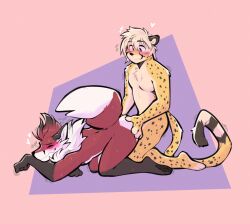 abstract_background anal anthro blush canid canine cheetah duo felid feline fox from_behind_position hi_res kneeling male male/male mammal sex side_view tohfu