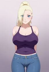 ai_generated arms_behind_back big_breasts blonde_hair blue_eyes civitai hair_over_one_eye ino_yamanaka jeans large_breasts long_hair naruto naruto_(series) naruto_shippuden ponytail tank_top tanktop