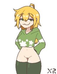 blonde_hair bottomless cropped_hoodie floral_foxingdale green_eyes imxr24 leggings ms_paint original_character pussy smug uncensored