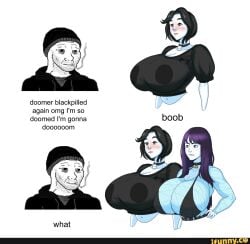 1boy 2girls big_breasts breasts choker dialouge doomer_boy doomer_girl female fishnets harorlood huge_breasts ifunny ifunny_watermark male meme text wojak_comics