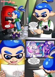 1boy 2girls bbmbbf brown-skinned_female comic crown fangs female hair_ornament headphones inkling inkling_boy john_(splatoon) letterbox light-skinned_female light-skinned_male male marina_(splatoon) nintendo octoling off_the_hook_(comic) open_mouth palcomix pearl_(splatoon) splatoon splatoon_2 television toon.wtf