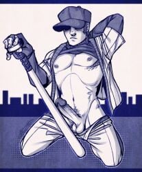 1boy blasticheart_(artist) blush fanart fit_male happy_trail large_penis male_only off_(game) open_clothes open_jacket open_shirt penis_out pinup posing_with_weapon presenting presenting_penis pubes pubic_hair the_batter the_batter_(off) treasure_trail veiny_penis