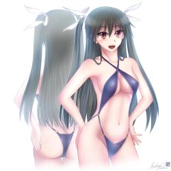 big_breasts black_hair large_breasts mayo_chiki! pointy_chin red_eyes reflection suzutsuki_kanade swimsuit