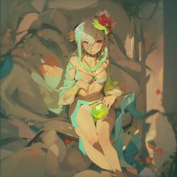 2d ai_generated belly_button blush calamity_mod female female_only flower_in_hair heterochromia jewelry multicolored_hair necklace pierced_ears rare_sand_elemental small_breasts terraria thick_thighs