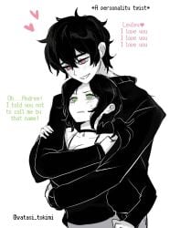 alternate_universe andrew_graves annoyed artist_name ashley_graves black_hair breasts brother_and_sister choker cleavage green_eyes hood hoodie hug incest personality_switch pink_eyes possessive seductive_smile siblings smile the_coffin_of_andy_and_leyley watasi_tokimi wholesome