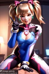 1girl1boy ai_generated black_cat_d.va blonde_hair bodysuit cat_ears cleavage d.va overwatch patreon peace_sign smile straddling twintails whisker_markings