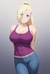 ai_generated arms_behind_back big_breasts blonde_hair blue_eyes civitai hair_over_one_eye ino_yamanaka jeans large_breasts long_hair naruto naruto_(series) naruto_shippuden ponytail tank_top tanktop