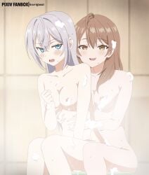 2girls1boy ahoge alisa_mikhailovna_kujou areolae artist_name blue_eyes blush brown_eyes brown_hair bubble collarbone female_focus female_only grabbing grabbing_from_behind grey_hair hair_between_eyes hand_on_hip hi_res incest kurigamiin long_hair looking_at_viewer maria_mikhailovna_kujou medium_breasts nipples nude open_mouth patreon_username shower shower_room siblings sisters sitting smile soap soap_bubbles tokidoki_bosotto_russian_de_dereru_tonari_no_alya-san wet yuri