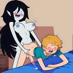 1boy 1futa adventure_time ahe_gao ai_generated balls ballsack black_hair blonde_hair bottomless_male doggy_style erection fangs finn_the_human futa_on_male futanari grey_skin human humanoid implied_anal long_hair male marceline marceline_abadeer motion_lines nipples noseless nude orgasm orgasm_face penis pointy_ears scrotum testicles tongue tongue_out toony veiny_penis