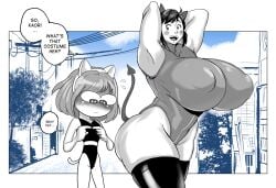 2girls breasts devil_costume female harorlood huge_breasts kaori_(harorlood) marina_(harorlood) nipple_bulge thick_thighs thighs