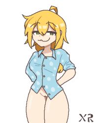 blonde_hair bottomless floral_foxingdale green_eyes imxr24 ms_paint original_character pajama_shirt pussy smug uncensored