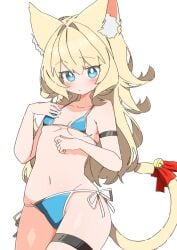 belly belly_button bikini blonde_hair blue_bikini blue_eyes cat_ears cat_tail character_request flat_chest navel skindentation small_breasts thick_thighs thigh_strap thighs uruti_2388