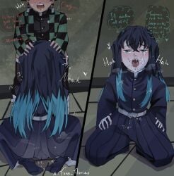 blowjob blue_eyes blue_hair cum_in_mouth cum_on_face demon_slayer demon_slayer_uniform femboy gay kamado_tanjirou kimetsu_no_yaiba long_hair male_only muichiro_tokitou open_mouth red_hair white_skin yaoi