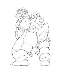 1boy 2012 anthro anus armlet ass balls biceps big big_ass bowser bracelet chubby claws collar dreke fangs grin hair hindpaw horn inviting jewelry king koopa looking_at_viewer looking_back male male_only mario_(series) monochrome muscles nintendo nude open_mouth overweight paws plain_background pose presenting presenting_hindquarters raised_tail reptile royalty scalie seductive shell smile solo spiked_bracelet spiked_collar spikes spread_legs spreading standing teeth thighs toes tongue tongue_out turtle white_background