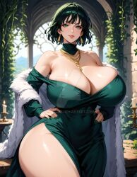 1girls ai_generated alternate_breast_size big_breasts big_thighs curvaceous curvy_female dress_slit earrings female female_only fubuki_(one-punch_man) fur green_eyes green_hair green_nail_polish hand_on_hip hyper_breasts jewelry large_breasts light-skinned_female light_skin looking_at_viewer nail_polish necklace one-punch_man outside scarlizz short_hair solo standing thick thick_thighs voluptuous voluptuous_female wide_hips