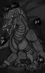 animal_genitalia ass boots bottomwear bound butt_lick chained chains claws clothing detailed_background dialogue dragon duo elf english_text extreme_size_difference feral finalroar footwear genital_slit genitals glowing glowing_eyes half-closed_eyes human human_prey humanoid larger_pred licking male male/male male_pred male_prey mammal monochrome mythological_creature mythological_scalie mythology narrowed_eyes open_mouth pants partially_inside penis scalie sharp_teeth shoes size_difference teeth text tongue undressing_another vore