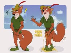 anthro belt blush bodily_fluids bottomless canid canine clothed clothing covering covering_crotch digital_media_(artwork) disney ears_down exclamation_point feathered_cap footwear footwear_without_bottomwear fox genital_fluids genitals humiliation knock-kneed male mammal omo-mad omorashi open_mouth pee_on_shoes penis penis_grab pivoted_ears raised_hand red_fox robin_hood_(disney) scared shaking shirt simple_background solo standing surprised_expression topwear true_fox tunic urine urine_on_ground urine_stream wetting wimp