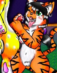 1boy 1boy1girl 1girl 1girls 2019 2d 2d_(artwork) belly_button black_fur black_hair black_nose black_stripes blush breasts cheek cheek_fluff cheek_fur cheek_tuft cock cock_worship cum cum_in_mouth cum_on_face cum_on_tongue ear_piercing ear_ring earrings eyeshine first_porn_of_character furaffinity furry_breasts furry_ears furry_female furry_male furry_only furry_penis furry_pussy furry_tail grass green_eyes jessica_(pioxys) kneeling kneeling_oral_position knot multicolored_fur multiple_characters night night_sky nighttime nipples oc one_eye_closed one_eye_open open_mouth orange_fur original_character pawjob pawpads paws penis penis_out pioxys purple_hair_tie purple_hairband pussy sharp_teeth striped striped_body striped_fur stripes tail tiger tiger_ears tiger_girl tiger_stripes tiger_tail tongue tongue_out white_dots white_fur white_inner_ear white_polka_dots yellow_fur