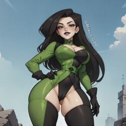 ai_generated big_breasts black_lipstick blush bodysuit female gloves kim_possible light-skinned light-skinned_female light_skin lips lipstick looking_at_viewer mirkus_gao narrow_waist pov shego thick_thighs thighs uniform white_skin wide_hips