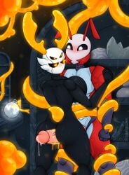 absurd_res ant antennae_(anatomy) anthro arthropod big_breasts big_butt big_penis biped black_body black_eyes blobslimey blush bodily_fluids breast_squish breasts butt caine_(agent_nova) detailed_background duo erection fan_character female genital_fluids genitals hi_res hollow_knight hollow_knight_(franchise) horn hymenopteran insect larger_male male male/female mandibles multicolored_body orange_pupils penis pinned pinned_to_wall precum pupils queen_amber_(blobslimey) red_body restrained restrained_by_tentacles sex size_difference squish sweat team_cherry tentacles thigh_sex vaginal_fluids vein veiny_penis vessel_(species) white_pupils