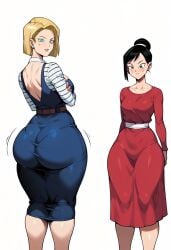 2girls ai_generated android_18 big_ass chichi curvy curvy_female curvy_females dragon_ball_super dragon_ball_z hi_res legs long_legs simple_background tagme