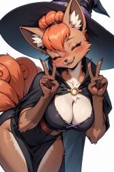 ai_generated bending_forward bent_over big_breasts blush brown_fur cleavage closed_eyes female female_focus female_only furry furry_ears furry_female furry_tail head_tilt peace_sign pokémon_(species) pokemon pokemon pokemon_(species) red_hair smile smiling smiling_at_viewer thalaria!! thin_waist vulpix witch witch_costume witch_hat