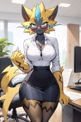 ai_generated big_breasts big_butt blush cleavage female female_focus female_only furry furry_female furry_tail glasses looking_at_viewer office office_lady pokémon_(species) pokemon pokemon pokemon_(species) smiling smiling_at_viewer teacher teacher_outfit thalaria!! thin_waist tight_clothing zeraora