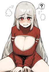 ? big_breasts blush blushing blushing_at_viewer boob_window breasts breasts_squeezed_together cleavage habin_(insact) huge_breasts insact large_breasts long_hair long_sleeves nervous nervous_smile on_top original original_character red_eyes red_sweater sidelocks simple_background spoken_question_mark sweat sweatdrop sweater sweating thick_thighs white_background white_hair white_skin