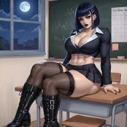 ai_generated black_boots black_thigh_highs classroom dark_blue_hair female goth goth_girl looking_at_viewer muscle_girl muscle_mommy sitting stable_diffusion