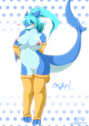 big_breasts blue_eyes blue_hair blush breasts female fish gloves hair heart leggings marine myrl nipples pussy shark solo stockings ymbk