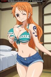 ai_generated aindroidparanoid bed bedroom bikini breasts female from_side grabbing_own_breast huge_breasts indoors long_hair male nami nipples one_piece orange_hair squeezing_breast stable_diffusion touching_breast