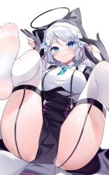 absolute_territory black_gloves blush feet feet_up gloves legs_apart legs_up legwear meridian_project mizuki_(vtuber) nun nun_hat nun_outfit smug smug_face stockings thick_thighs thighhighs thighs white_hair white_legwear