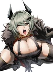 1girls absurd_res absurdres blowjob_gesture breasts caesar_king green_hair hair_ornament heart-shaped_pupils hoyoverse large_breasts looking_at_viewer oral_invitation saliva simple_background teeth thighhighs thighs tongue tongue_out white_background yellow_eyes z_enatsu zenless_zone_zero