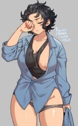 areola_slip black_hair breasts_out collarbone covered_nipples exposed_breast exposed_thighs large_breasts medium_hair messy_clothing panties_down ryo_agawa tagme thighs tired