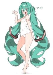 feet hatsune_miku swimsuit thick_thighs thighs uruti_2388 vocaloid waving wet white_swimsuit